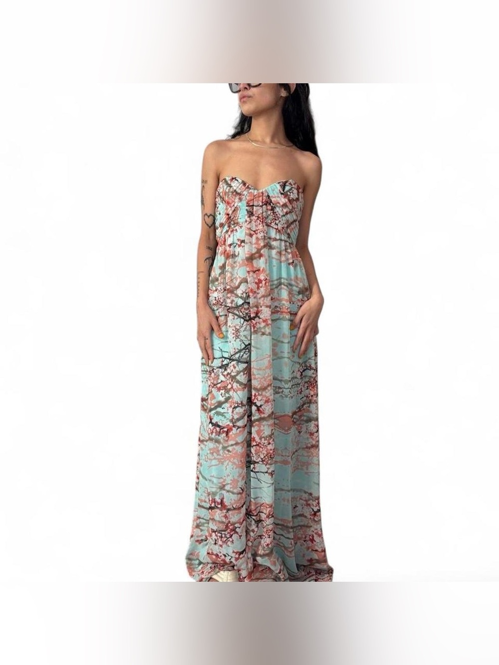 Baby Blue Strapless Maxi Dress W Pink Cherry Blossom Print by Jessica Simpson